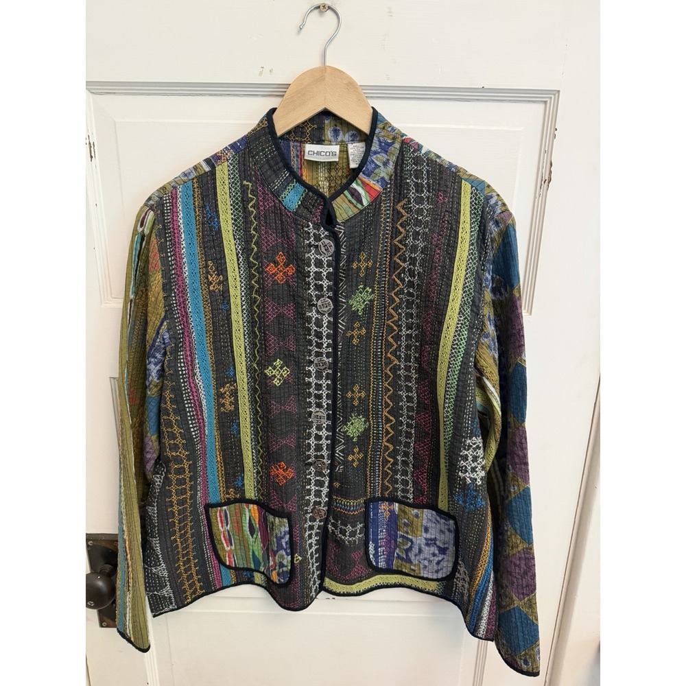 Chico's Women's Black Green Cardigan Boho Artsy Embroidered Quilted Size Large